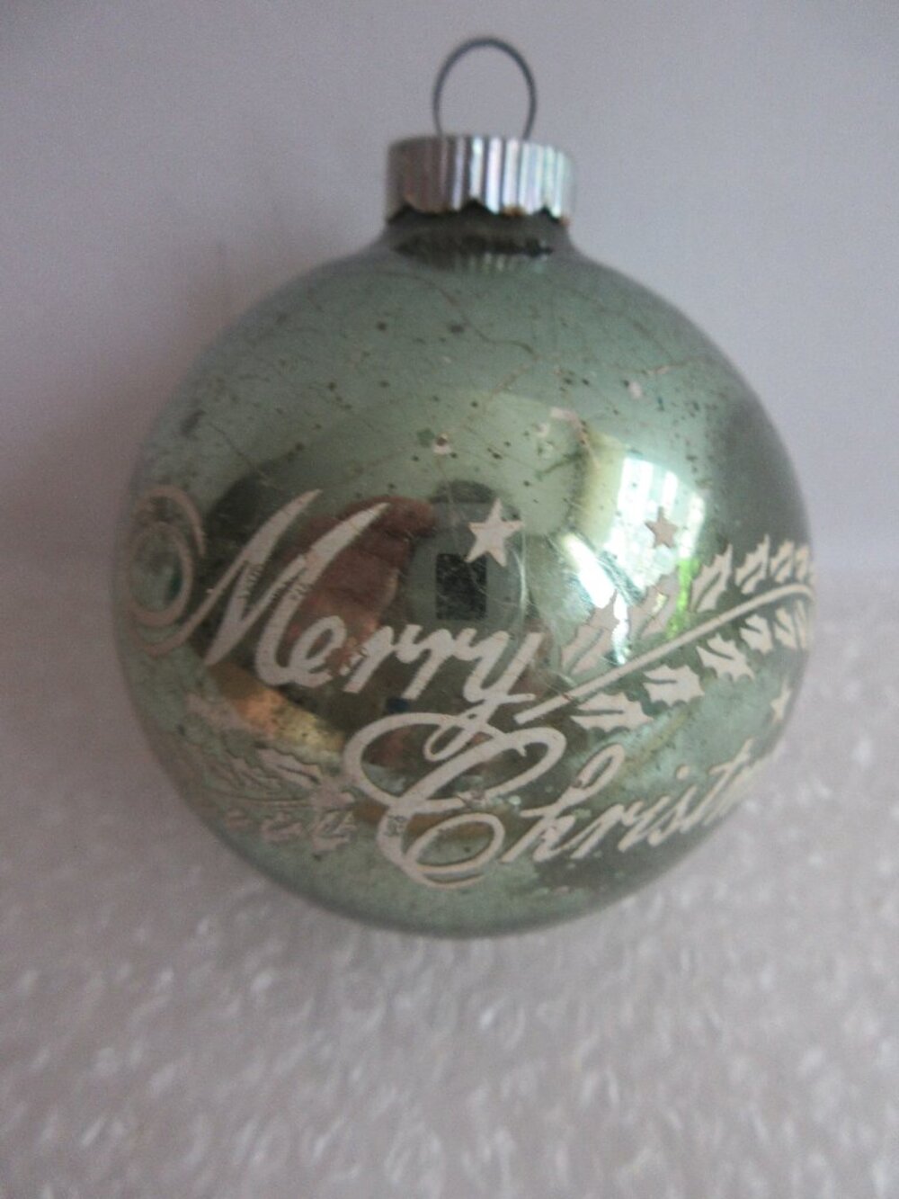 Shiny Brite "MERRY CHRISTMAS w/ HOLLY" Stencil Ornament 10 Ct Cent Cap Blue Vtg